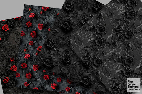 Gothic Black Rose Lace Digital Paper - Romantic Dark Wedding Sublimation Digital Pattern Fine Purple Elephant Creations 