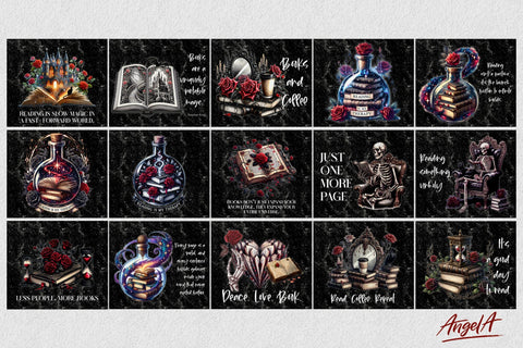 Gothic Book Lover tumbler wrap bundle Book lover quotes PNG Sublimation Angelina Semenova 