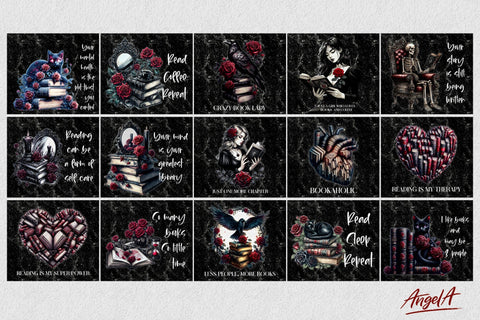 Gothic Book Lover tumbler wrap bundle Book lover quotes PNG Sublimation Angelina Semenova 