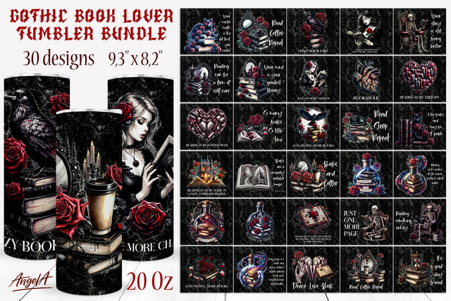 Gothic Book Lover tumbler wrap bundle Book lover quotes PNG Sublimation Angelina Semenova 