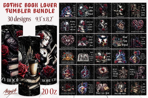 Gothic Book Lover tumbler wrap bundle Book lover quotes PNG Sublimation Angelina Semenova 