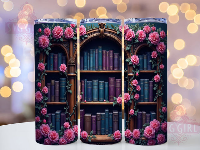 Gothic Bookcase Dark Roses 20oz Tumbler Wrap, Vintage Library Sublimation, Mysterious Bookshelf 20oz Wrap, Moody Floral Tumbler, Seamless Dark Academia Design, Elegant Books and Roses Tumbler Sublimation SvggirlplusArt 