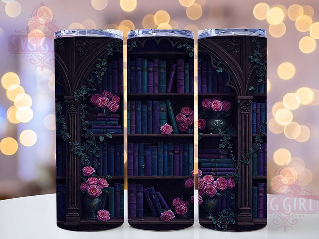 Gothic Bookcase Dark Roses 20oz Tumbler Wrap, Vintage Library Sublimation, Mysterious Bookshelf 20oz Wrap, Moody Floral Tumbler, Seamless Dark Academia Design, Elegant Books and Roses Tumbler Sublimation SvggirlplusArt 