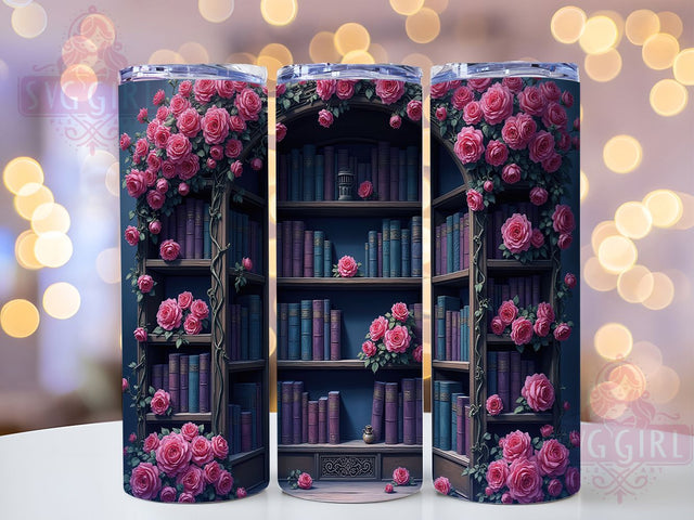 Gothic Bookcase Dark Roses 20oz Tumbler Wrap, Vintage Library Sublimation, Mysterious Bookshelf 20oz Wrap, Moody Floral Tumbler, Seamless Dark Academia Design, Elegant Books and Roses Tumbler Sublimation SvggirlplusArt 