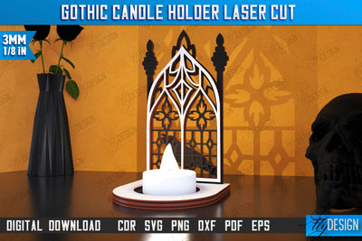 Gothic Candle Holder Laser Cut | Seasonal Home Décor Idea | Halloween Decoration | CNC File SVG Fly Design 