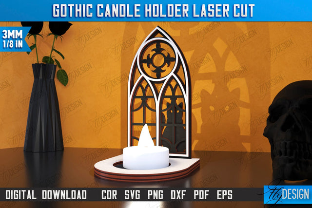 Gothic Candle Holder Laser Cut | Seasonal Home Décor Idea | Halloween Decoration | CNC File SVG Fly Design 