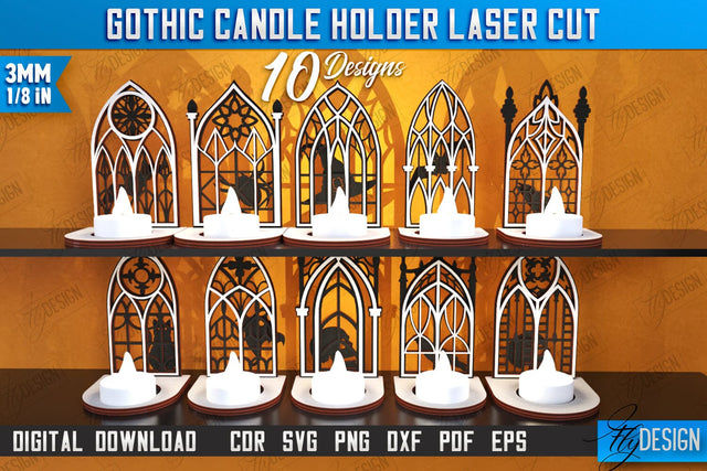 Gothic Candle Holders Laser Cut Bundle | Seasonal Home Décor Idea | Halloween Decoration | CNC File SVG Fly Design 