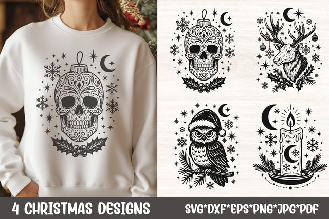 Gothic Christmas SVG Files | Skull Ornament, Deer, Owl & Candle for Cricut SVG Tafti Art 