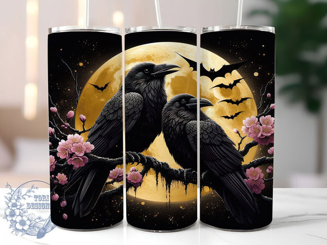 Gothic Crow Moon Floral Halloween Tumbler, Spooky Floral Wrap, Halloween Crow Sublimation, Moon And Crow Cup, Dark Gothic Drinkware, Haunted Night Tumbler, Raven And Flowers Design Sublimation ToriDesigns 