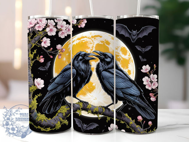 Gothic Crow Moon Floral Halloween Tumbler, Spooky Floral Wrap, Halloween Crow Sublimation, Moon And Crow Cup, Dark Gothic Drinkware, Haunted Night Tumbler, Raven And Flowers Design Sublimation ToriDesigns 