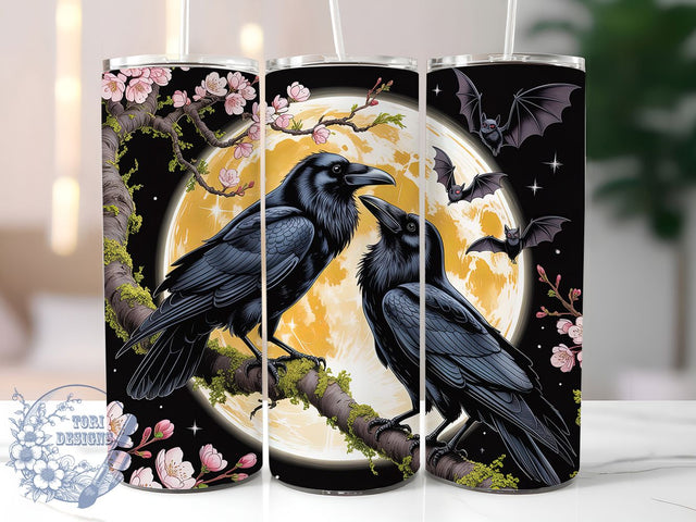 Gothic Crow Moon Floral Halloween Tumbler, Spooky Floral Wrap, Halloween Crow Sublimation, Moon And Crow Cup, Dark Gothic Drinkware, Haunted Night Tumbler, Raven And Flowers Design Sublimation ToriDesigns 