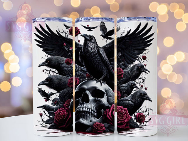 Gothic Crow Skull 20oz Dark Aesthetic Tumbler, Skull and Roses Cup, 20oz Tumbler Wrap, Dark Aesthetic Sublimation, Raven Gothic Mug, Macabre Floral PNG, Vintage Skull Design Sublimation SvggirlplusArt 