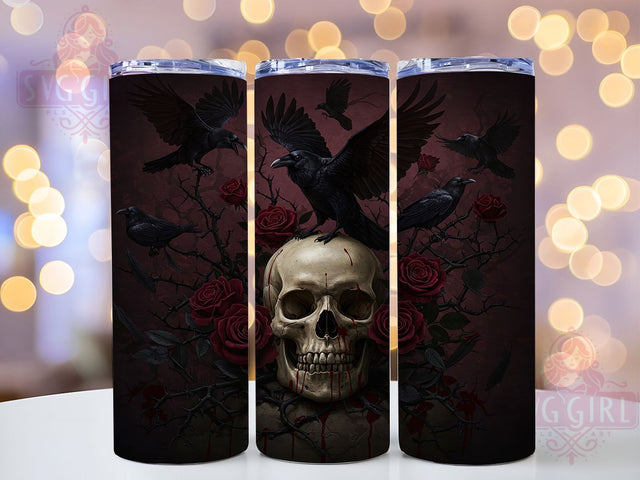 Gothic Crow Skull 20oz Dark Aesthetic Tumbler, Skull and Roses Cup, 20oz Tumbler Wrap, Dark Aesthetic Sublimation, Raven Gothic Mug, Macabre Floral PNG, Vintage Skull Design Sublimation SvggirlplusArt 