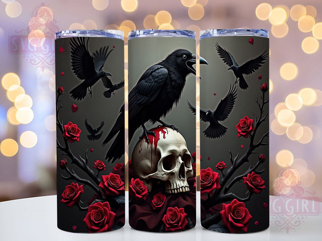 Gothic Crow Skull 20oz Dark Aesthetic Tumbler, Skull and Roses Cup, 20oz Tumbler Wrap, Dark Aesthetic Sublimation, Raven Gothic Mug, Macabre Floral PNG, Vintage Skull Design Sublimation SvggirlplusArt 