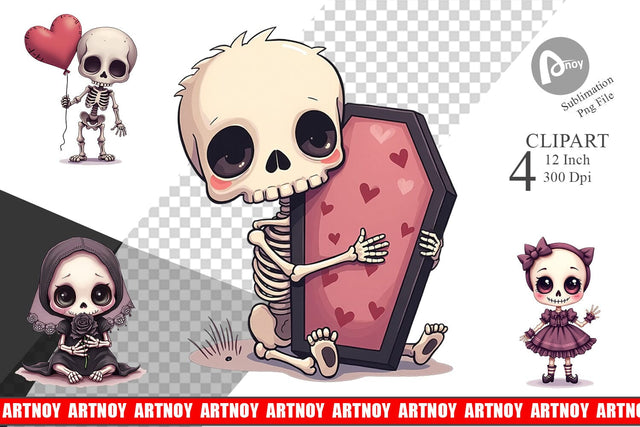 Gothic Cute Skeletons Clipart Sublimation artnoy 