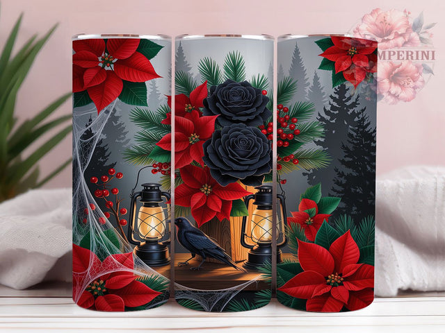 Gothic Dark Christmas Tumbler, Dark Roses Design, Lantern Holiday Pattern, 20Oz Sublimation Wrap, Gothic Poinsettia Art, Dark Holiday Texture, Tumbler Sublimation Sublimation Li Zamperini 