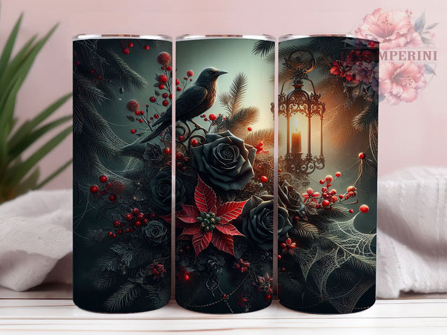 Gothic Dark Christmas Tumbler, Dark Roses Design, Lantern Holiday Pattern, 20Oz Sublimation Wrap, Gothic Poinsettia Art, Dark Holiday Texture, Tumbler Sublimation Sublimation Li Zamperini 