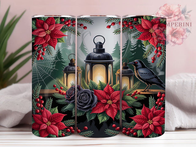 Gothic Dark Christmas Tumbler, Dark Roses Design, Lantern Holiday Pattern, 20Oz Sublimation Wrap, Gothic Poinsettia Art, Dark Holiday Texture, Tumbler Sublimation Sublimation Li Zamperini 