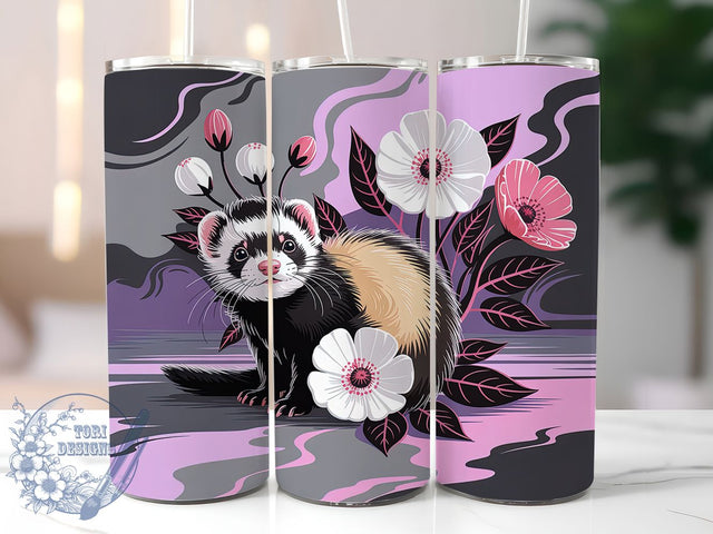 Gothic Dark Floral Ferret Tumbler, Dark Floral, Animal Art, Sublimation Art, 20oz Tumbler, Bold Wrap, Unique Design Sublimation ToriDesigns 