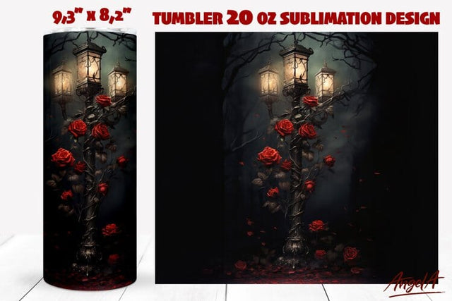 Gothic dark tumbler wrap / street lamp with gothic flowers Sublimation Angelina Semenova 