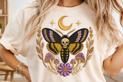 Gothic Death Moth Embroidery Design, Skull Moth Machine Embroidery, Moon Mushroom Floral Pattern, Witchy Halloween Instant Download File Embroidery/Applique DESIGNS DesignDestine 
