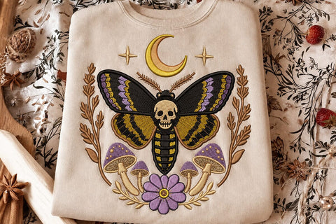 Gothic Death Moth Embroidery Design, Skull Moth Machine Embroidery, Moon Mushroom Floral Pattern, Witchy Halloween Instant Download File Embroidery/Applique DESIGNS DesignDestine 
