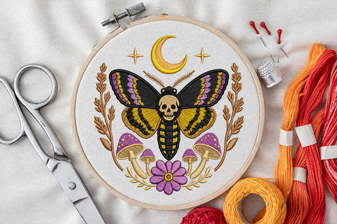 Gothic Death Moth Embroidery Design, Skull Moth Machine Embroidery, Moon Mushroom Floral Pattern, Witchy Halloween Instant Download File Embroidery/Applique DESIGNS DesignDestine 