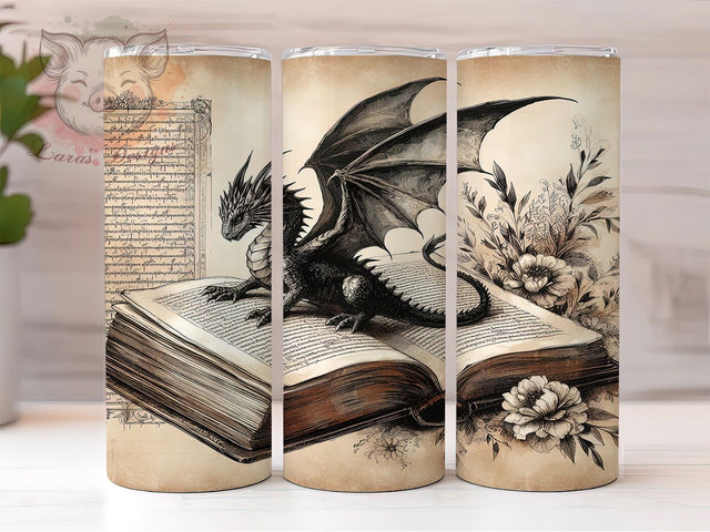 Gothic Dragon Book Tumbler, Gothic Book Tumbler, 20oz Tumbler Wrap, Sublimation Design, Fantasy Gothic Gift, Mythical Dragon Wrap, Dark Literature Tumbler Sublimation Lara' s Designs 