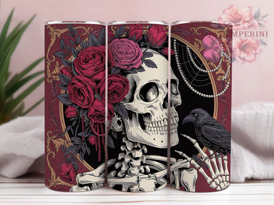 Gothic Floral Skeleton Tumbler, Floral Contrast Design, Dark Romantic Style, Elegant Macabre Wrap, Alternative Chic Print, Seamless Artistic Theme, 20Oz Tumbler, Sublimation Sublimation Li Zamperini 