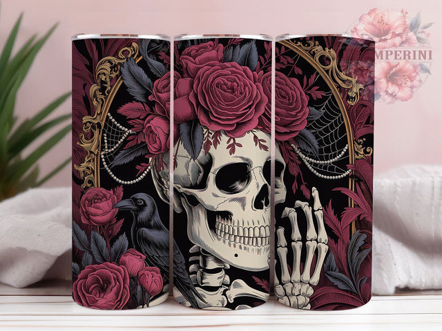Gothic Floral Skeleton Tumbler, Floral Contrast Design, Dark Romantic Style, Elegant Macabre Wrap, Alternative Chic Print, Seamless Artistic Theme, 20Oz Tumbler, Sublimation Sublimation Li Zamperini 
