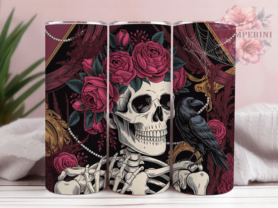 Gothic Floral Skeleton Tumbler, Floral Contrast Design, Dark Romantic Style, Elegant Macabre Wrap, Alternative Chic Print, Seamless Artistic Theme, 20Oz Tumbler, Sublimation Sublimation Li Zamperini 
