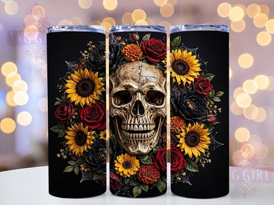 Gothic Floral Skull Autumn 20oz Tumbler, Gothic Skull Motif, Floral Pattern Design, Autumn Theme, Dark Fantasy Accent, Rustic Charm, Sublimation Wrap, 20oz Tumbler Sublimation SvggirlplusArt 