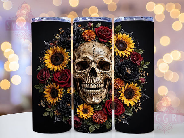 Gothic Floral Skull Autumn 20oz Tumbler, Gothic Skull Motif, Floral Pattern Design, Autumn Theme, Dark Fantasy Accent, Rustic Charm, Sublimation Wrap, 20oz Tumbler Sublimation SvggirlplusArt 