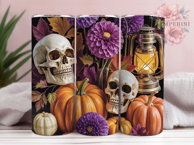 Gothic Floral Skull Spooky Autumn Tumbler, Halloween Floral Wrap, Fall Sublimation Design, 20Oz Skinny Tumbler, Dark Floral Drinkware, Spooky Autumn Tumbler, Elegant Skull Wrap Sublimation Li Zamperini 