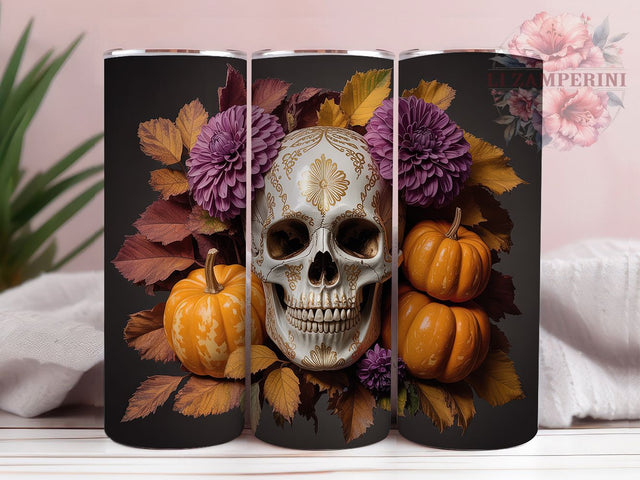 Gothic Floral Skull Spooky Autumn Tumbler, Halloween Floral Wrap, Fall Sublimation Design, 20Oz Skinny Tumbler, Dark Floral Drinkware, Spooky Autumn Tumbler, Elegant Skull Wrap Sublimation Li Zamperini 
