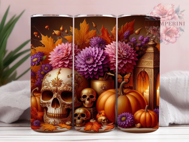 Gothic Floral Skull Spooky Autumn Tumbler, Halloween Floral Wrap, Fall Sublimation Design, 20Oz Skinny Tumbler, Dark Floral Drinkware, Spooky Autumn Tumbler, Elegant Skull Wrap Sublimation Li Zamperini 