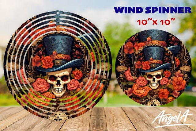 Gothic Floral skull wind spinner / skull with hat, red roses Sublimation Angelina Semenova 