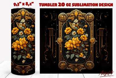 Gothic floral tumbler wrap / vintage border, yellow flowers Sublimation Angelina Semenova 
