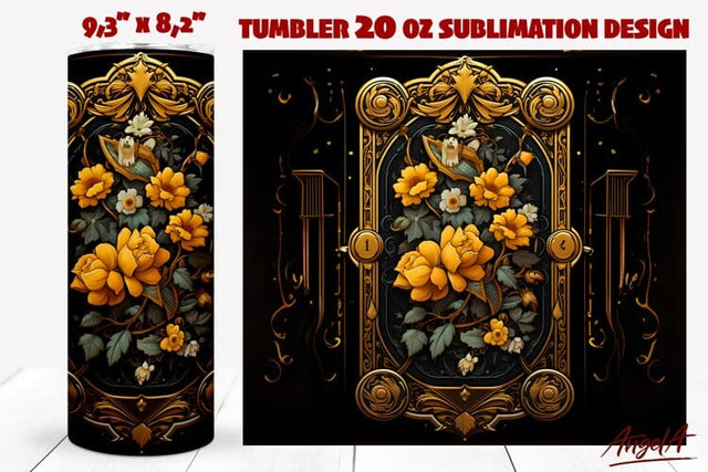 Gothic floral tumbler wrap / vintage border, yellow flowers Sublimation Angelina Semenova 
