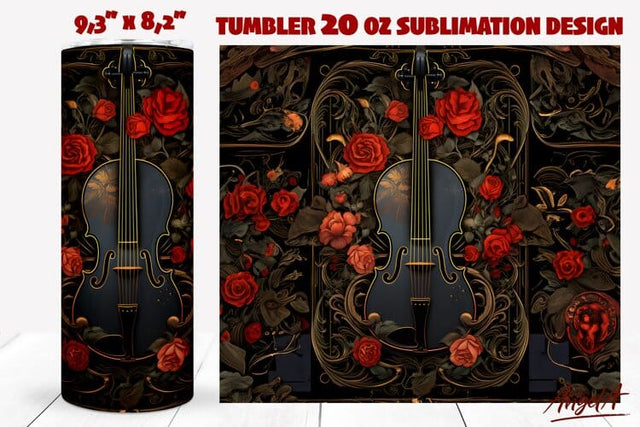 Gothic floral tumbler wrap / violin / vintage, red roses Sublimation Angelina Semenova 