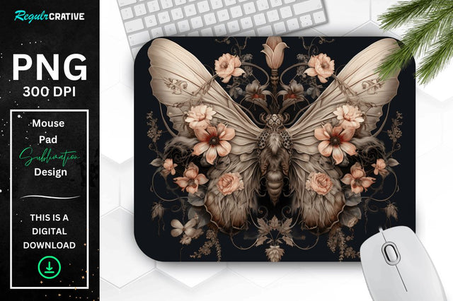 Gothic Furry Moth and Flowers Mouse pad Sublimation Regulrcrative 
