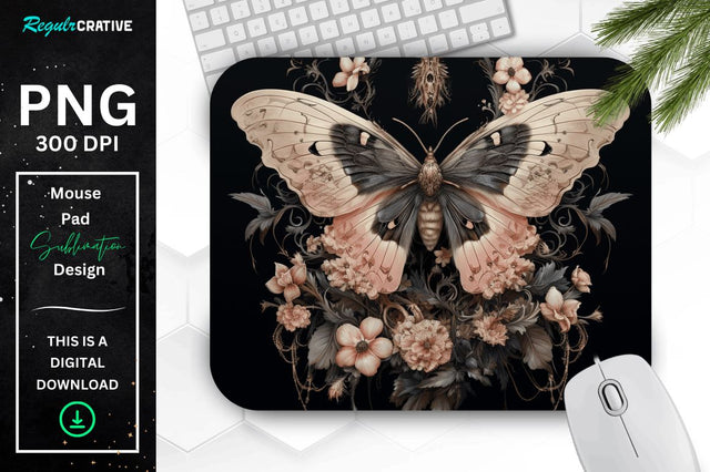 Gothic Furry Moth and Flowers Mouse pad Sublimation Regulrcrative 