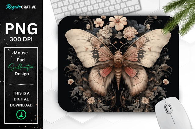 Gothic Furry Moth and Flowers Mouse pad Sublimation Regulrcrative 