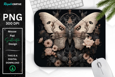 Gothic Furry Moth and Flowers Mouse pad Sublimation Regulrcrative 