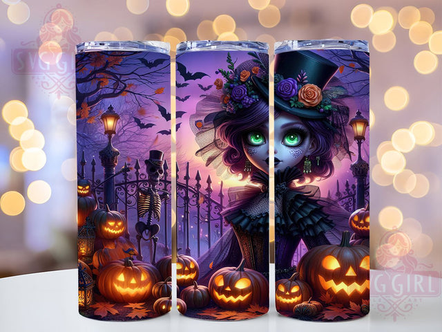 Gothic Girl Pumpkin Halloween Tumbler, Halloween Pumpkin, Spooky Aesthetic, 20Oz Tumbler Wrap, Sublimation Drinkware, Creepy Cute, Dark Fall Vibes Sublimation SvggirlplusArt 