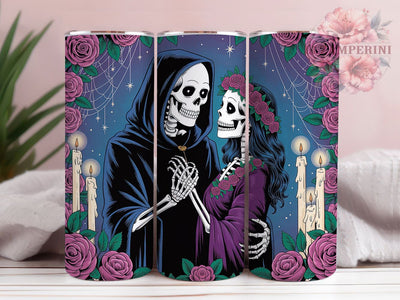 Gothic Grim Reaper Tumbler, Skeleton Couple Wrap, Dark Romance Cup, 20oz Sublimation Wrap, Stylish Gothic Design Tumbler, Artistic Floral Skeleton Cup, Spooky Love Theme Wrap Sublimation Li Zamperini 