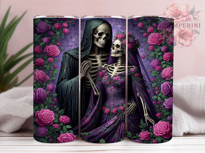 Gothic Grim Reaper Tumbler, Skeleton Couple Wrap, Dark Romance Cup, 20oz Sublimation Wrap, Stylish Gothic Design Tumbler, Artistic Floral Skeleton Cup, Spooky Love Theme Wrap Sublimation Li Zamperini 