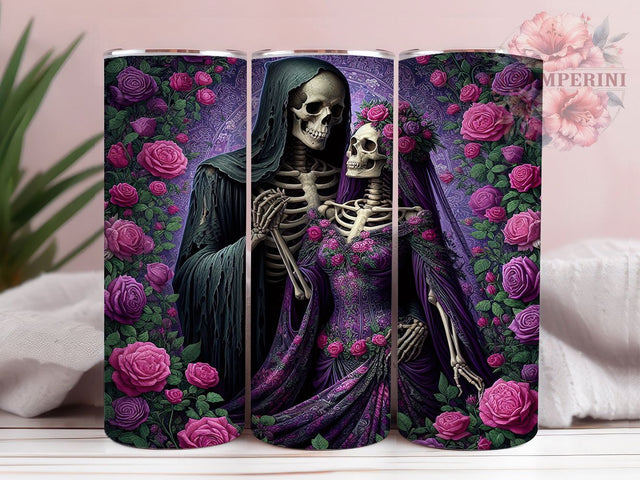 Gothic Grim Reaper Tumbler, Skeleton Couple Wrap, Dark Romance Cup, 20oz Sublimation Wrap, Stylish Gothic Design Tumbler, Artistic Floral Skeleton Cup, Spooky Love Theme Wrap Sublimation Li Zamperini 
