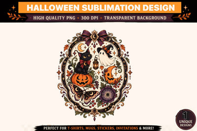 Gothic Halloween Cat PNG, Black Cat Ghost Pumpkin Sublimation Design, Vintage Spooky Oval Frame Clipart, Witchy Halloween T Shirt Graphic Sublimation BlackCatsMedia 