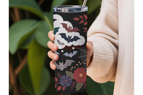 Gothic Halloween Floral Bat 20oz Tumbler Sublimation DesignSVG 